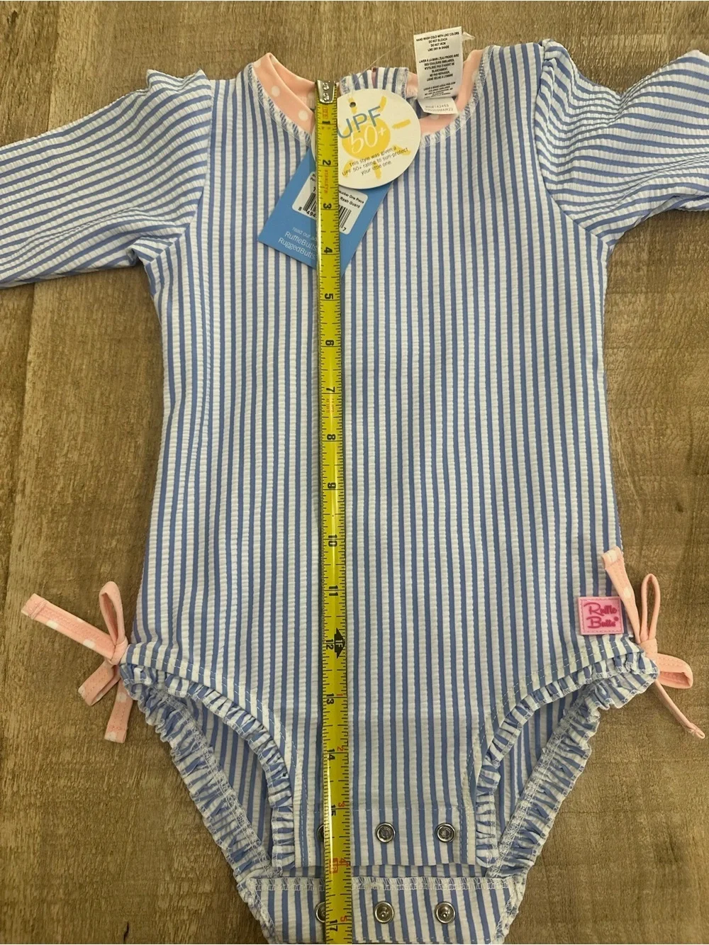 RuffleButts Blue Seersucker Rash Guard One Piece | 12–18M | UPF 50+